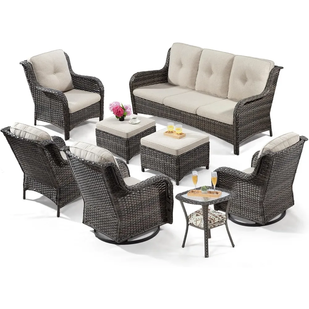 

Wicker patio furniture set of 8, 3-seater sofa, 2 swivel rocker chairs, 2 armchairs, 2 ottomans, 1 side table outdoor furniture