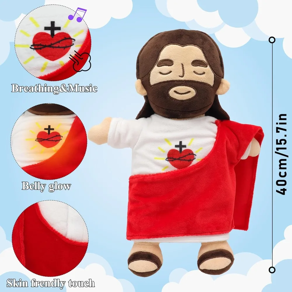 Peluche de Jesús que Respira, Juguete de Peluche Suave y Relajante con Sagrado Corazón para Niños, 4 Modos de Respiración, Regalo de Pascua y Navidad
