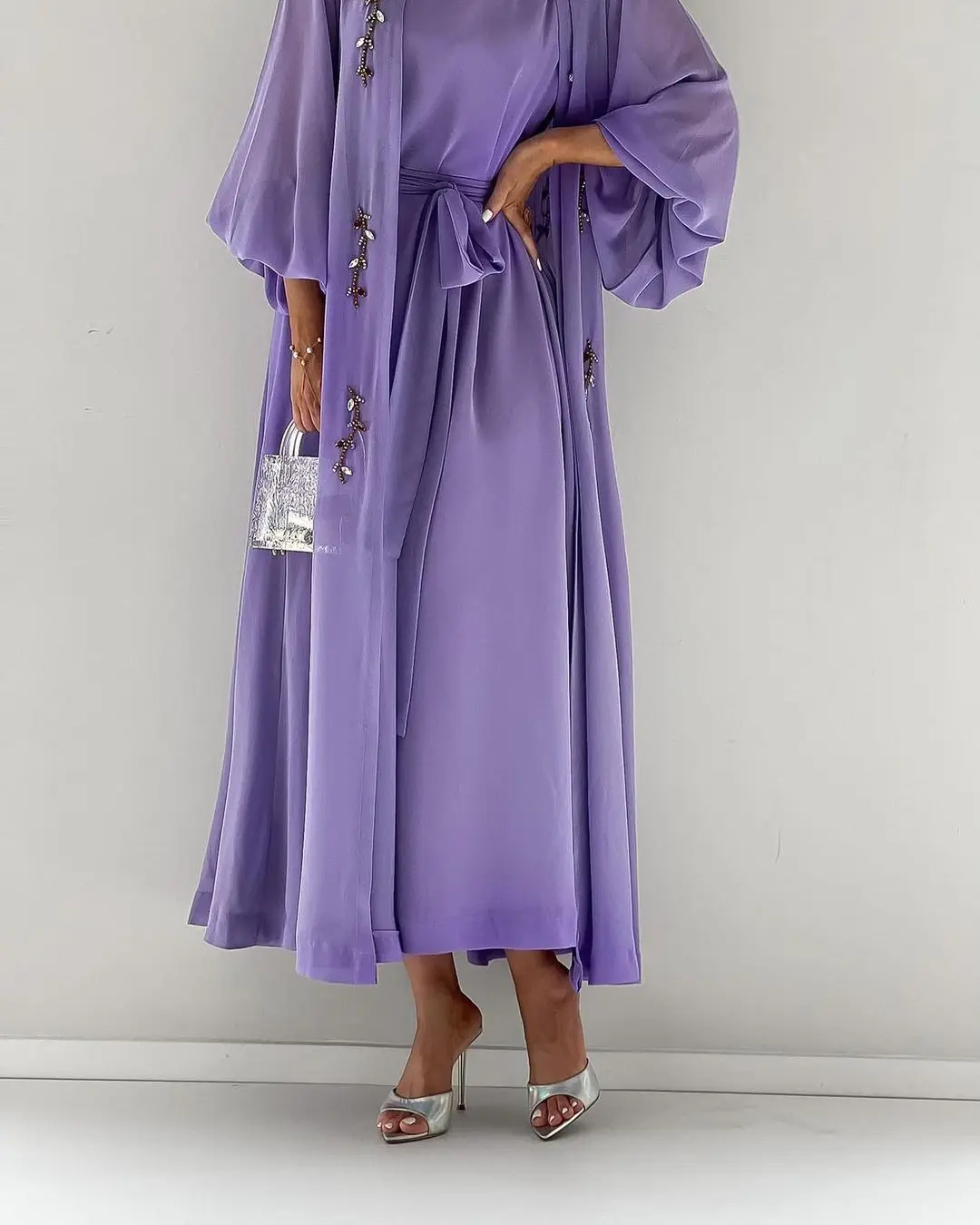 Customized Lavender Chiffon Prom Dresses with Long Sleeves Jacket Ankle Length Beadings Saudi Arabia Women Evening Party Dress