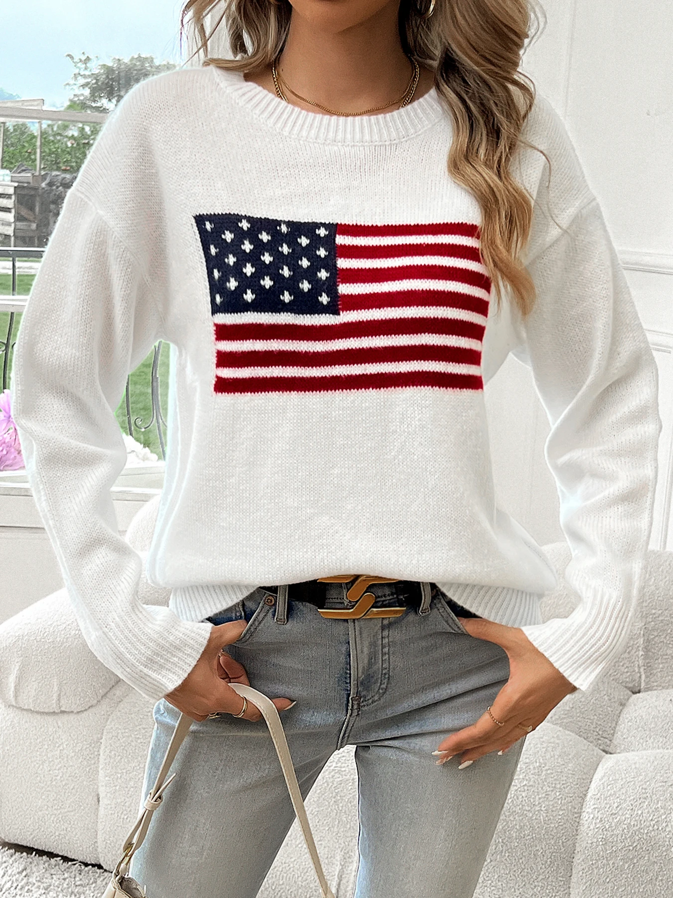 American Flag Crew Neck Long Sleeve Pullover Women\'s Sweater