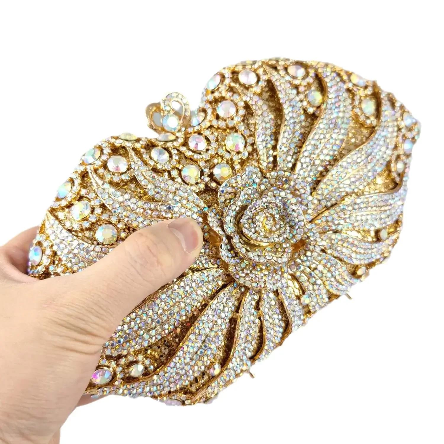 Boutique De FGG Elegant Women Gold Evening Bags and Clutches Formal Party Dinner Rose Flower Rhinestone Handbags and Purses