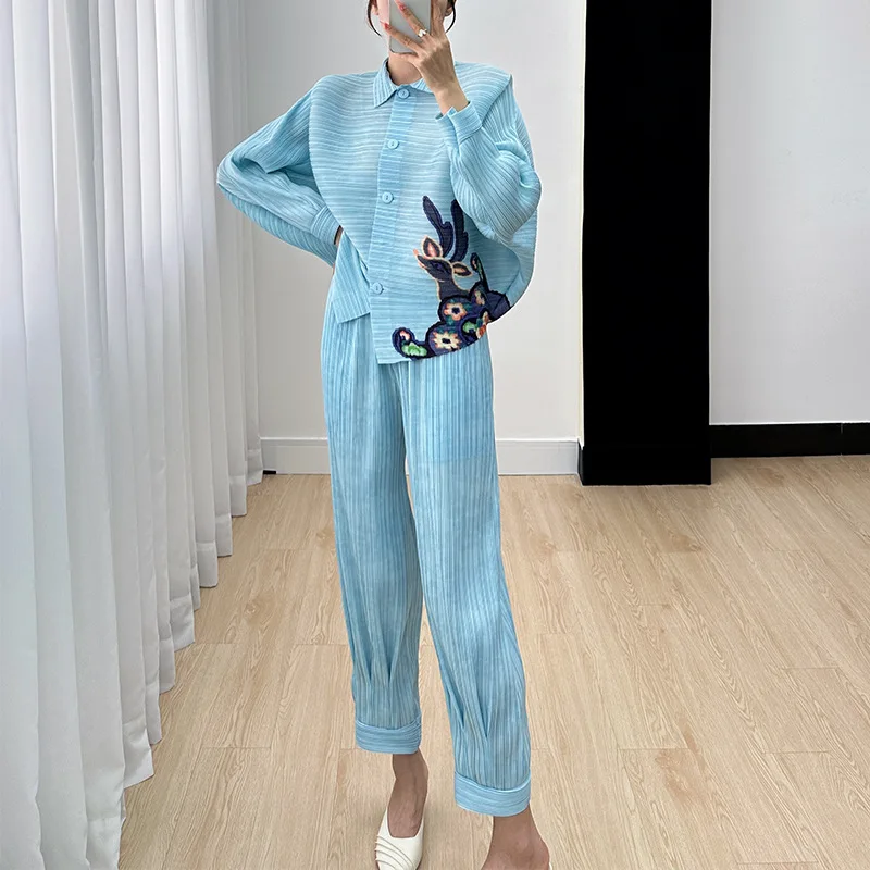 Miyake Printed Fashion Set Women's 2023 Summer New Long Sleeve Short Coat High Waist Casual Pants Fashion Two Piece Set