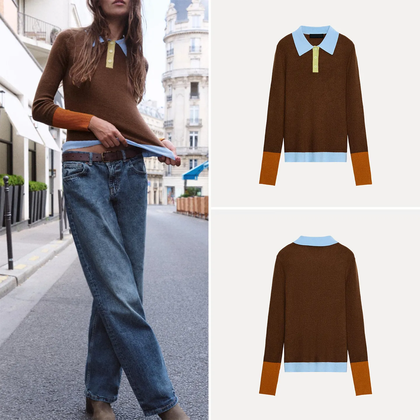 Fashionable Long Sleeve Color Block Ribbed Knit  Shirt Women's Autumn Casual Style ZADATA Brand Knitted Top Chinese Made