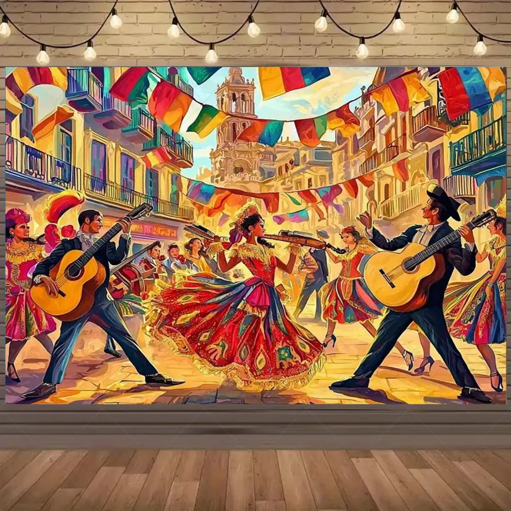 خلفية كرنفال إسبانية لتزيين الحفلات، موكب المسابقة، الراقصات، عازفي الجيتار، لوازم خلفية لافتة دعائم التقاط الصور #6