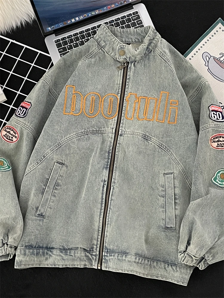 

Retro American Motorcycle Sle Vintage Denim Jaet Men's Loose Fit Spring Autumn Embroidery Heavy Jaet Trendy Youth