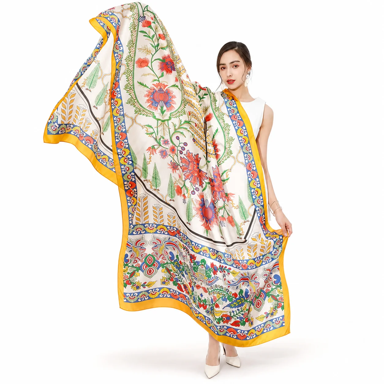 New Yellow Green Silk Luxury Brand Oversized Silk Wrap Scarf for Women Fashion Designer Shawls Foulard Femme Silk Bufanda