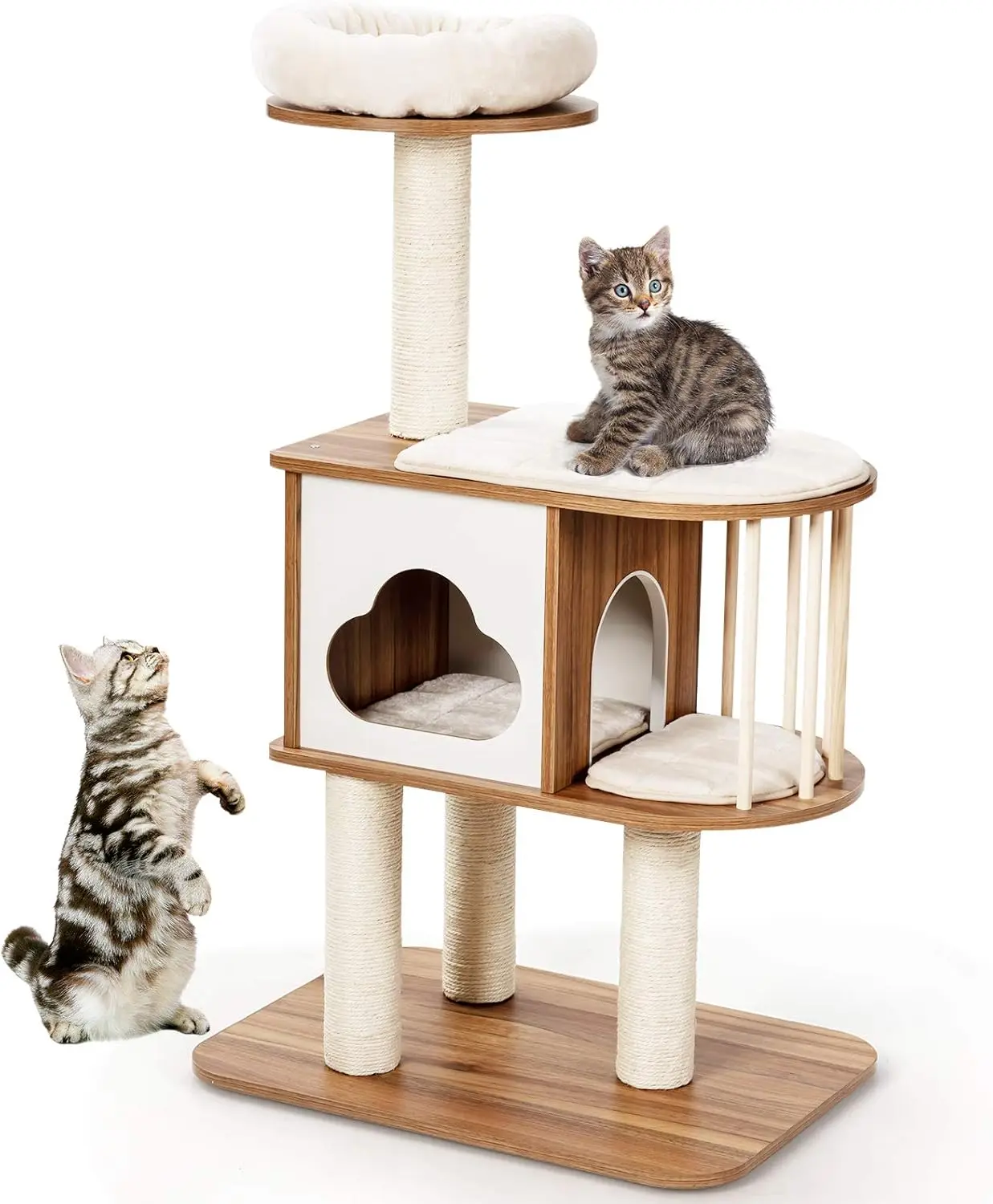 

Modern Wood Cat Tree, 46 Inches Cat Tower with Platform, Cat Activity Center with Scratching Posts and Washable Cushion