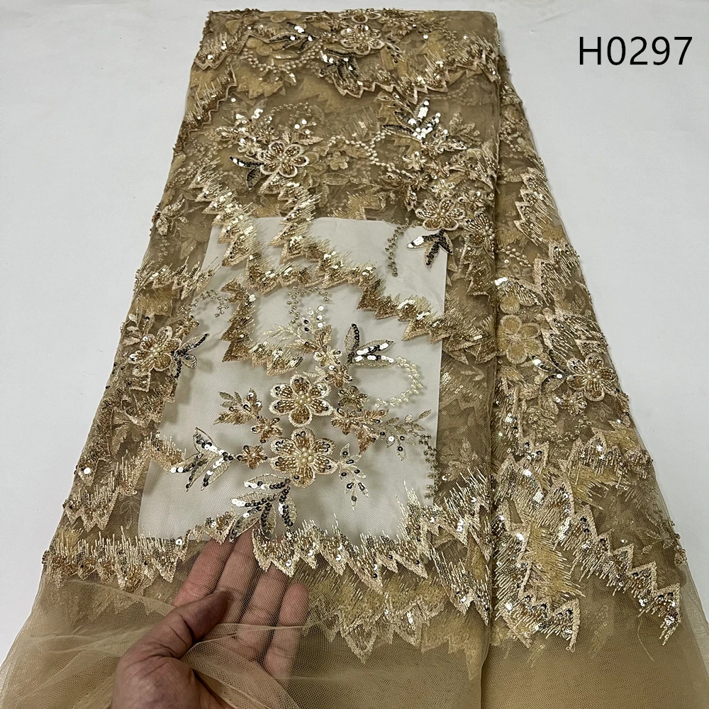 High Quality African Sequins Tulle Lace Fabric with Tube Beads Nigerian Embroidery French Lace Fabric For Party Wedding    H0297