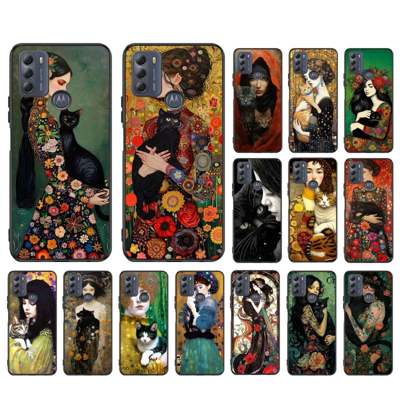 Woman and Cat Art Phone Case For Moto G84 G23 G24 G31 G32 G41 G51 G52 G53 G54 G71 G82 G42 G62 G200 G Play G Stylus