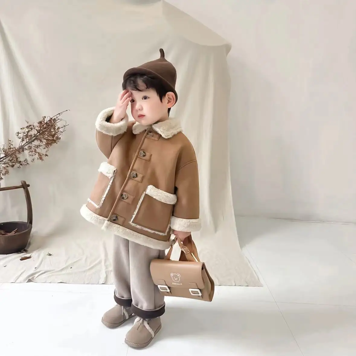Boy Girl Coat Windbreak Warm Thicken Plush Collar Jacket Plush Top Winter 2025 High Quality Suede Overall Straight Pants Outfits image 2