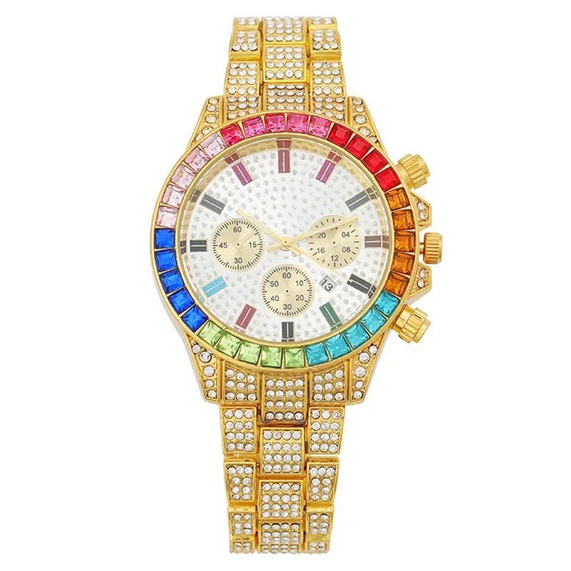 Three eye Fashion Color Diamond Calendar with Diamond Inlaid Full Diamond men's Watch men's Watch