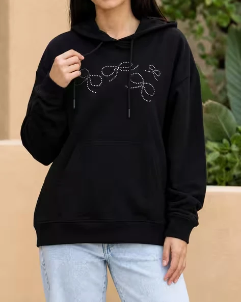 Women Drop Shoulder Bow Chest Embellished Hoodie