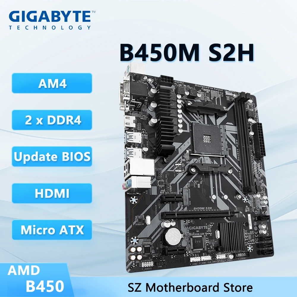 Placa base GIGABYTE B450M S2H B450, memoria RAM DDR4, CPU AM4 compatible con Ryzen 9 5950X, 9 5900X, 7 5800X3D, 5 5600X, HDMI, Micro ATX
