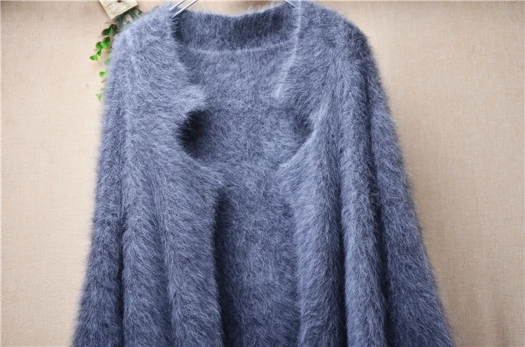 Ladies Women Autumn Winter Fashon Grey Hairy Mink Cashmere Knitted Long Sweater Angora Fur Suit Collar Cardigan Mantle Coat Pull