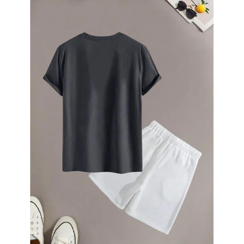 Men's Black Simplist English Text Casual Short Sleeve T-Shirt And Shorts Set