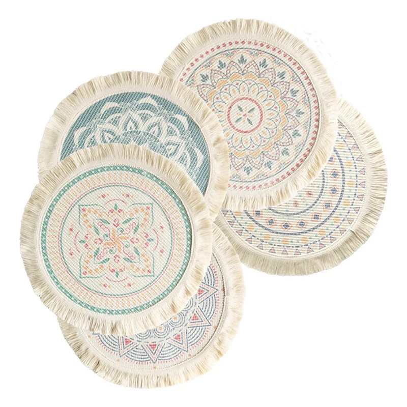 2Pcs Printed Place Mat Bohemian Tassel Printed Coaster For Home Insulation Circular Shape Dinner Table Layout Props