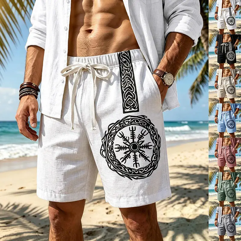 

Hawaiian Men's Summer Bamboo Texture Linen like Loose Casual Sports Print Beach Shorts Breathable Comfortable Quick Dry Short...