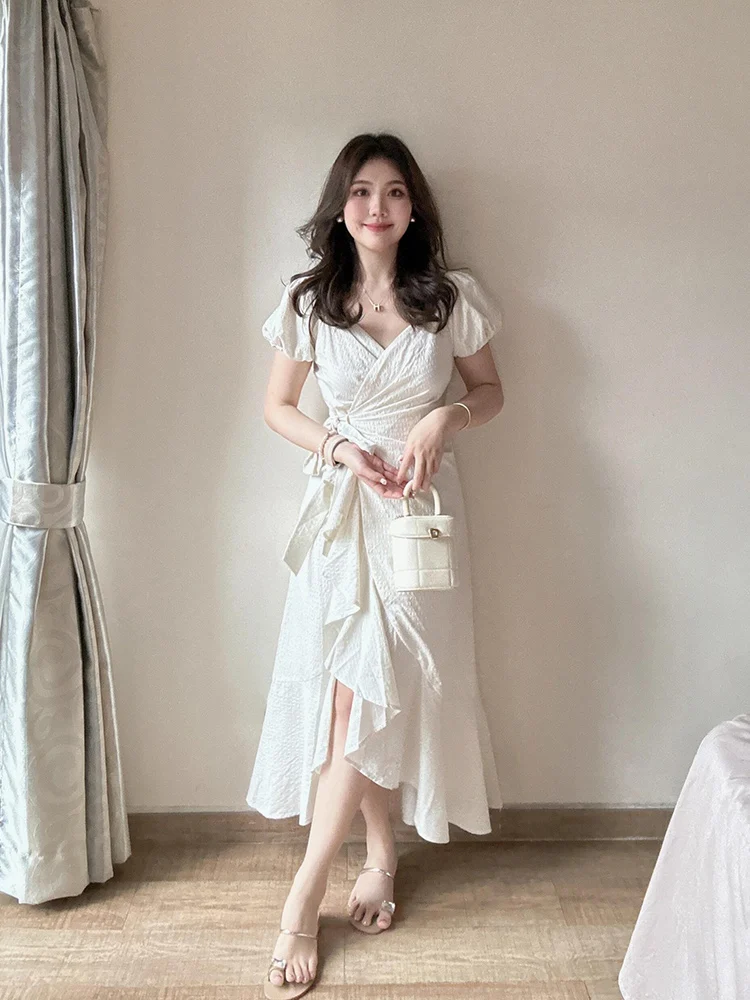 

XZY Elegant V-neck Maxi Dress Women's Summer Slimming Waist Irregular Hemline Bell Sleeve A-line Skirt Korean Style Casual Wear