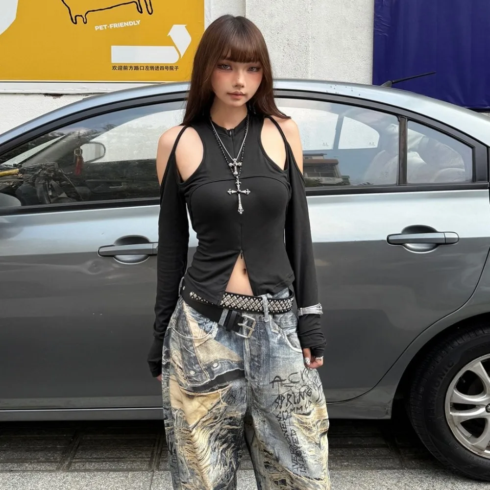 

SylCue Sexy Hollow Design T-Shirts Woman o-Neck Off Shoulder Full Sleeve Navel Exposed Hot Girls High Street Fashion Style Tops