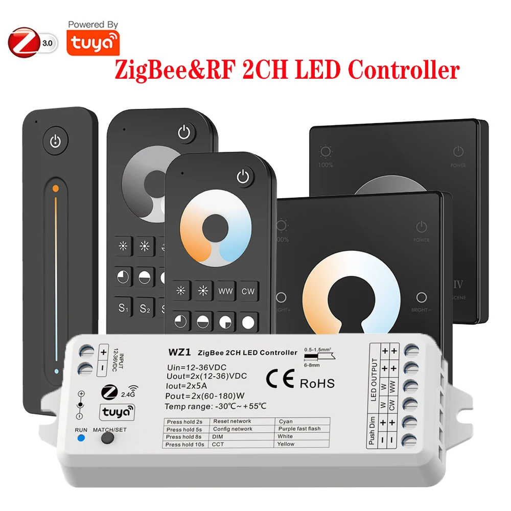 

(ZigBee+Tuya) WZ1 2CH*5A LED Dimmer Controller DC 12-24V 36V for Single Color Color Temperature LED Strip Light