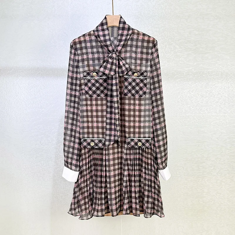 

2025 Autumn Winter New Plaid Sweet and Youthful Chiffon Long-Sleeve Dress with Bow Tie, Loose Fit and Versatile Style