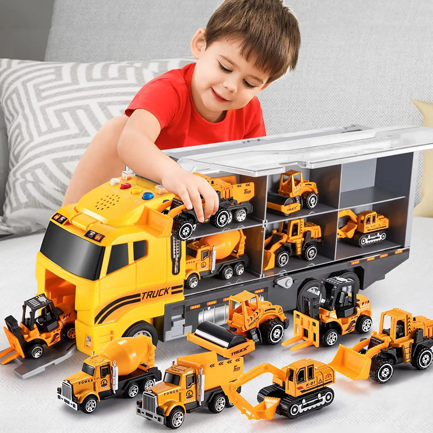 Big Construction Container Transporter Playset With 6PCS Mini Vehicle Carrier Truck Engineering Car Model Toys For Kids Gifts