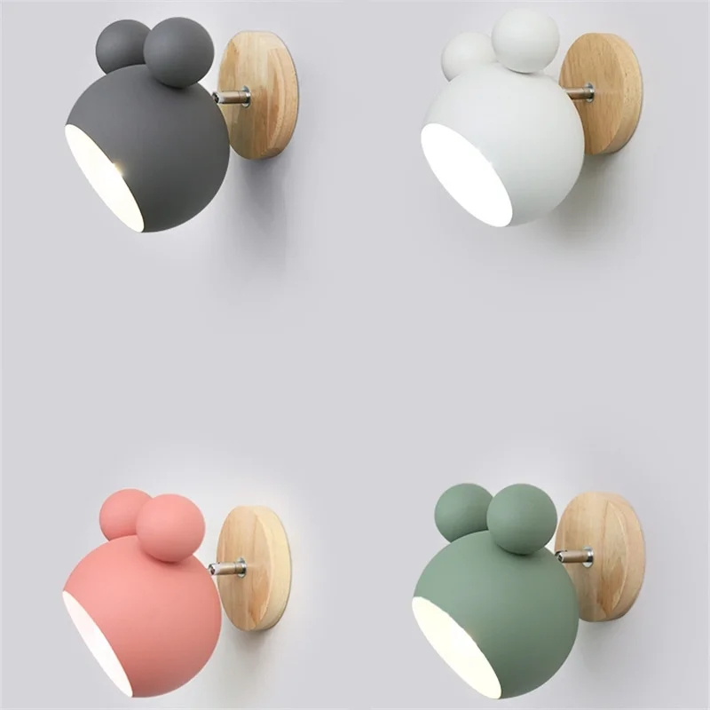 

Nordic Mickey Wall Lamp Children's Room Study Luminaire Bedroom Bedside Sconce Modern Lovely Wood Wall Light Fixtures Home Decor