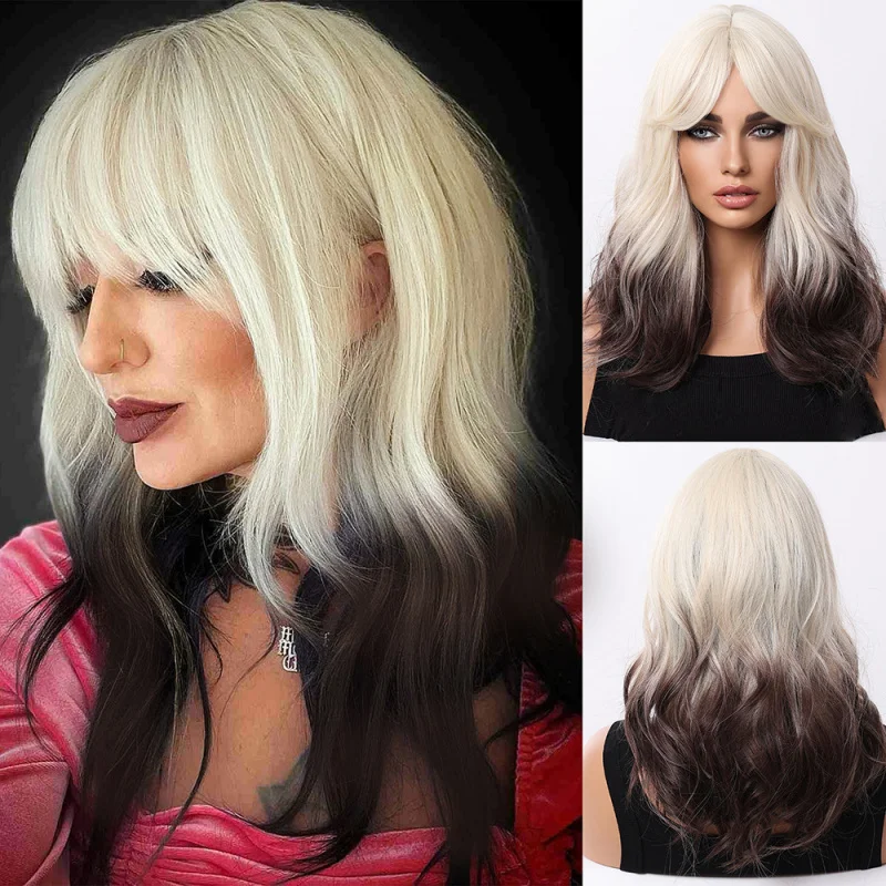 Fashionable golden with gradient brown dyeing women, suitable for daily use, synthetic fiber wig