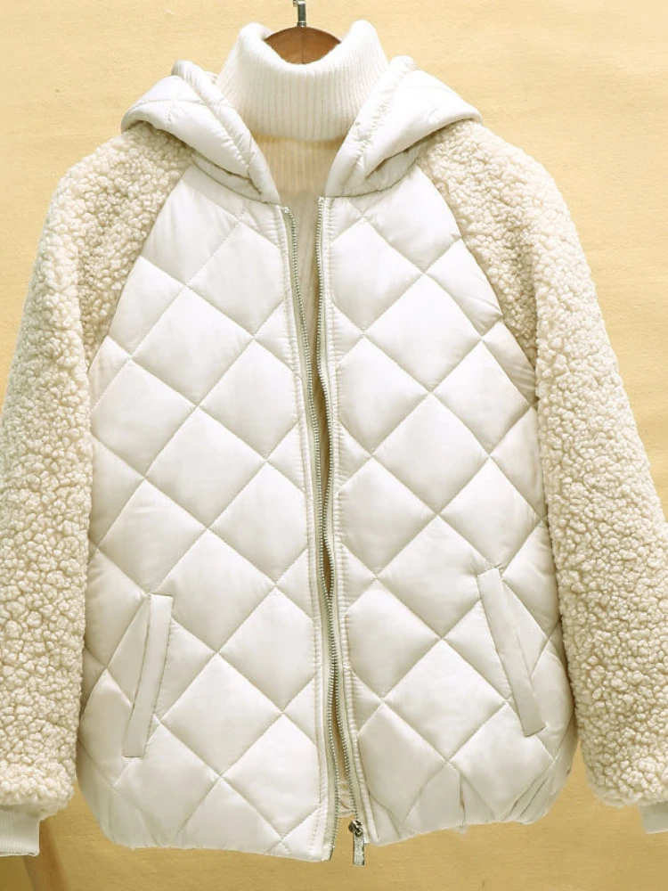 Thin light Down Cotton Jacket Female Short Coat Autumn Winter Women's 2023 New Hooded Loose Imitation lamb Wool Cotton Jacket C