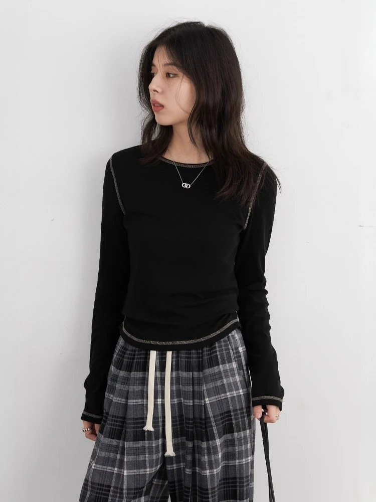 CHIC VEN New Women T-Shirts Retro Slim Contrasting Color Lines Base Tees Long Sleeve Slim Female Top Spring Autumn 2025