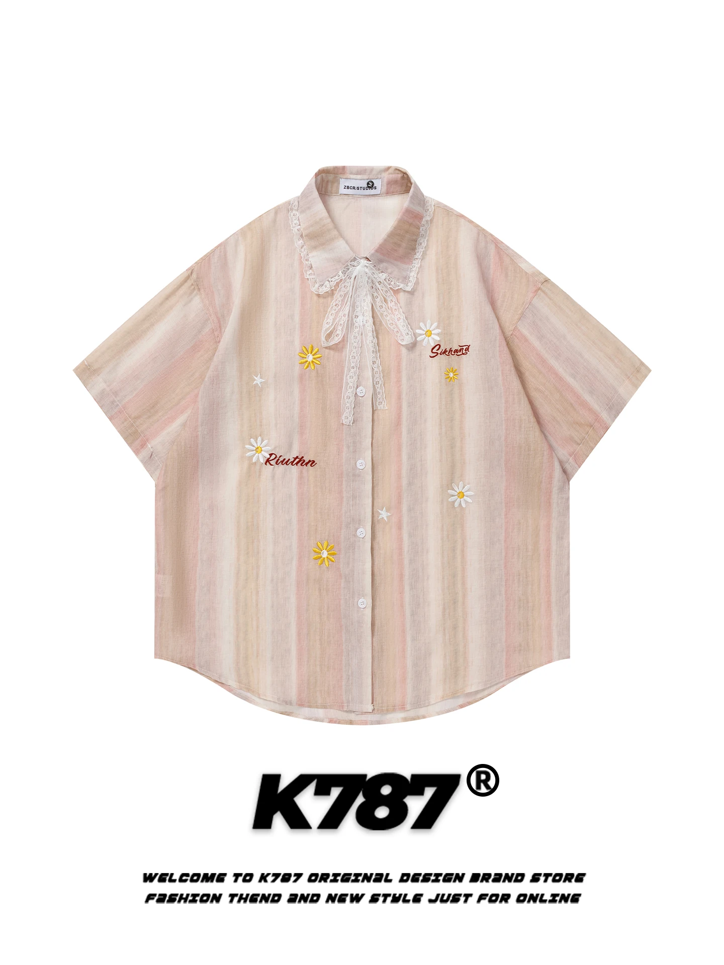 

K787 American Retro Lazy Sle Striped ort Sve irt Men Women Lace Embroidery Loose Couple Top Summer Casual irt