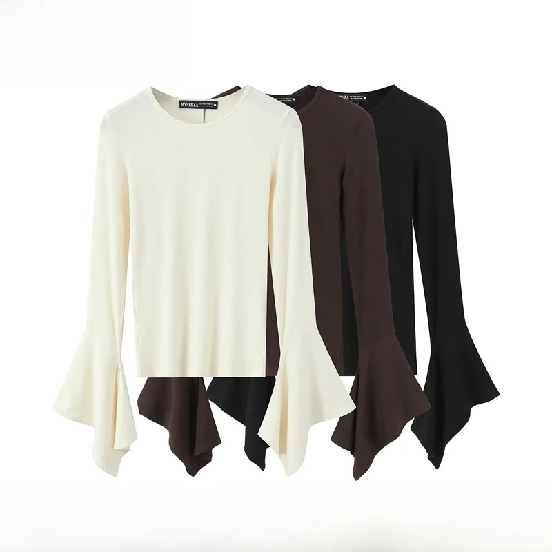 Fashionable Tri-Color Layered Decorative Sleeve T-Shirt Women's Commute Style Slim Fit Long Sleeve round Neck Polyester Fiber