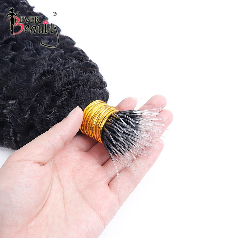 Kinky encaracolado 3b3c f dicas microlink extensões de cabelo humano plástico feather f dicas pacotes nano anéis de cabelo eu tip para preto