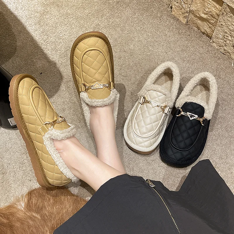 2023 New Winter Ladies Loafers Fashion Leisure Women Flat Cotton Shoes Female Warm Plush Peas Shoes Woman Fluffy Moccasin