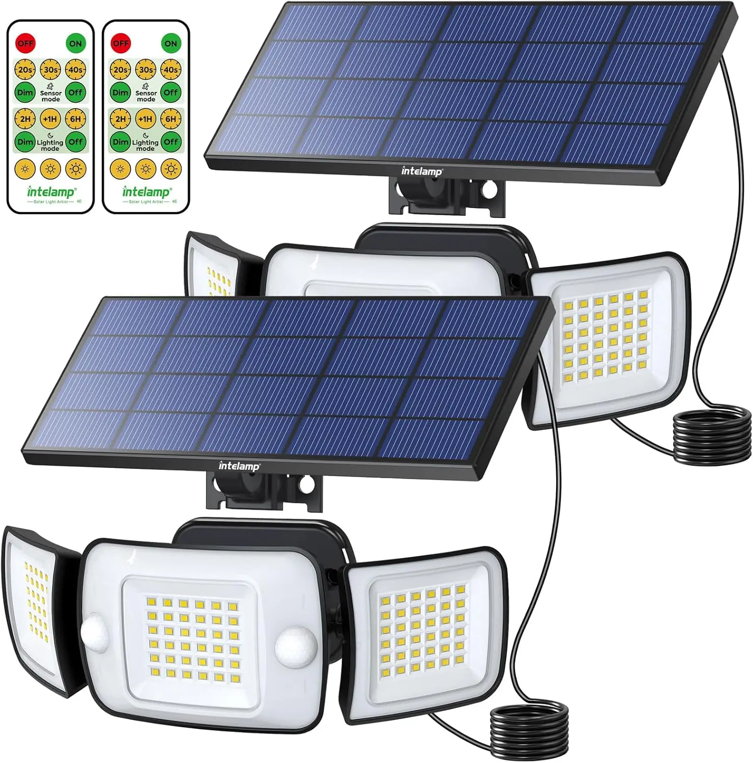

3-Head Solar Motion Sensor Outdoor Lights, IP65 Waterproof, Remote Control with Separate Panel (2-Pack)