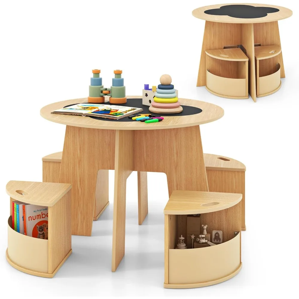 

Toddler Table and Chair Set with 4 Storage Stools, Wooden Flower Shaped Nesting Table with Blackboard Drawers