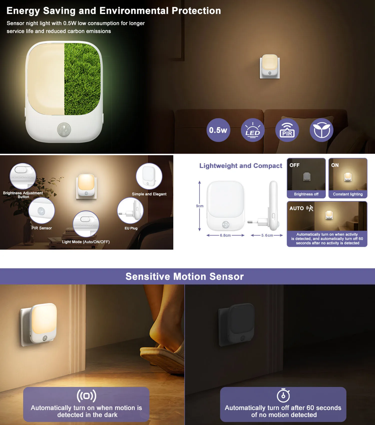 1pc/2pcs Night Light EU  Plug in, Motion Sensor Night Lights Plug in Wall.  Soft Warm White nightlights, Smart Movement Sensor