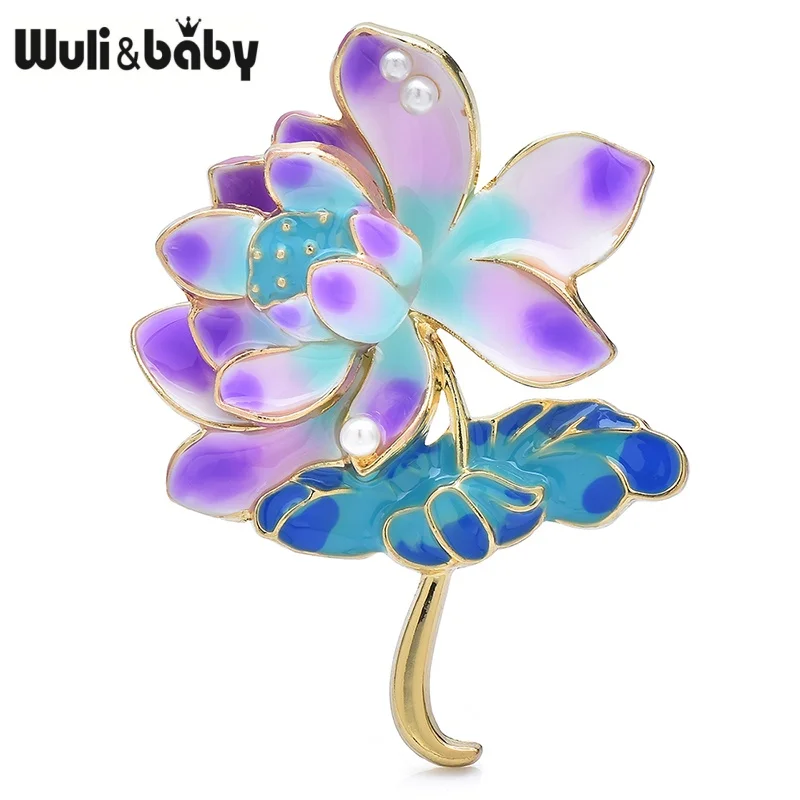 Wuli&baby Pretty Lotus Flower Brooches Pins For Women Lady 2-color Enamel Plants Party Office Brooch Gifts