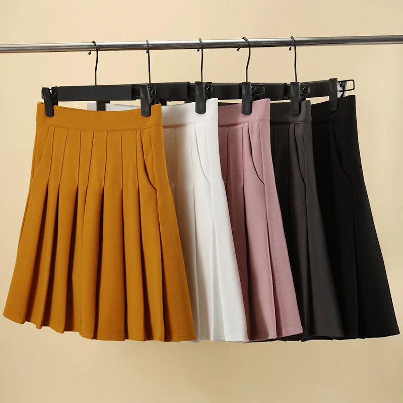 Pleated Skirt with Pockets Women's Autumn Yellow Preppy Style Elastic High Waist A- Line Slimming Black Kawaii Mini  Short Skirt