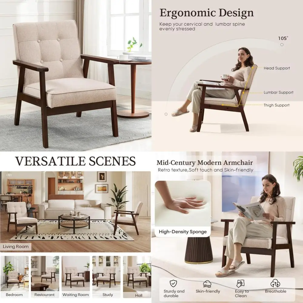 

Mid-Century Modern Upholstered Fabric Armchair, Comfortable Retro Reading Chair with Solid Wood Frame, Leisure Accent Chair for