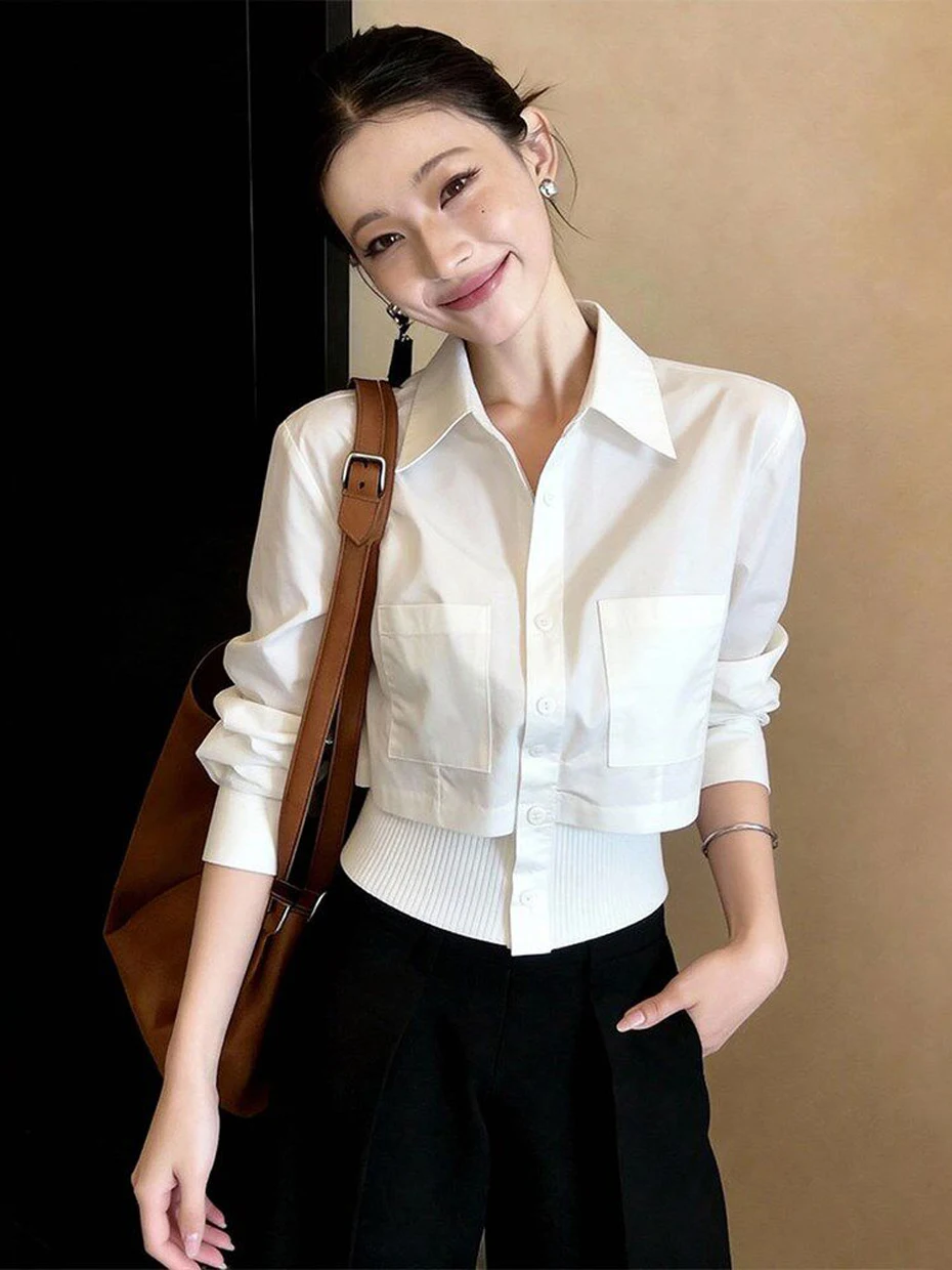 

Fashionable White Splice Shirt Button Style Slimming Women's Spring New Arrival Stylish Commute Korean Version Long Sleeve
