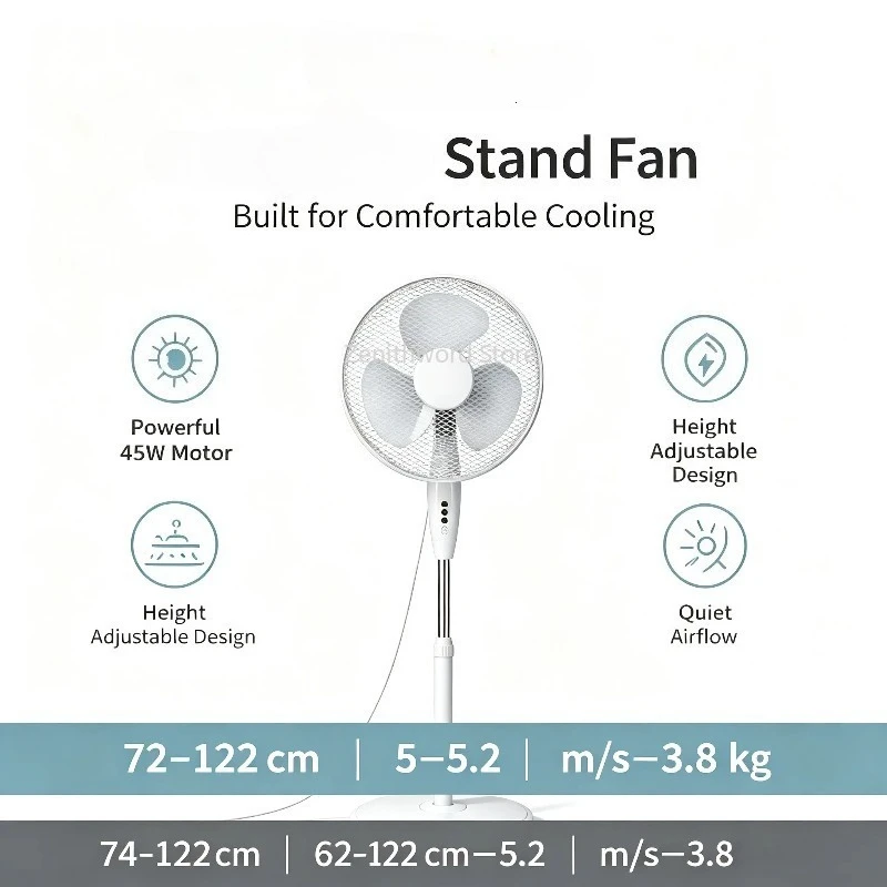 Ventilatore da Terra Silenzioso 45W, 40cm, 3 Pale, Altezza Regolabile, Oscillante, 3 Velocità, Ventilatore a Colonna per Casa, Soggiorno, Camera da Le