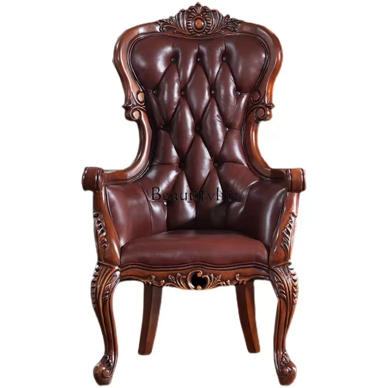 American solid wood sofa chair leather luxury light luxury leather single reception chair