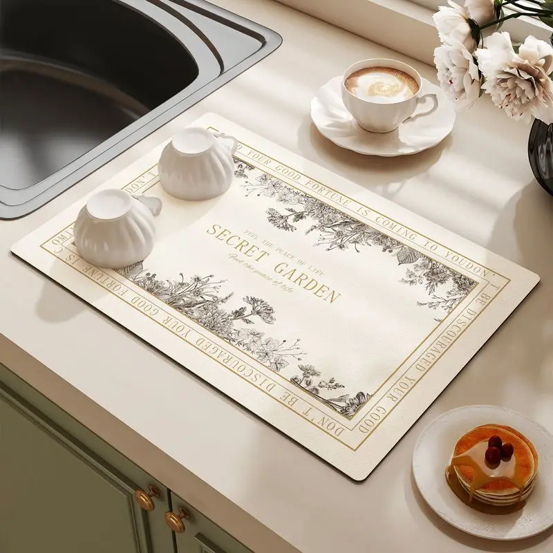 Warm Yellow Checkered Wavy Edge Kitchen Drain Mat, Anti Slip Coffee Machine Tableware, Countertop Protection Mat