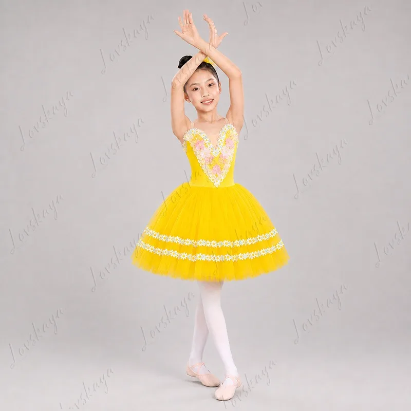Elegant Yellow A-line Tulle Ballet Skirted Leotard For Adult Women Sheer Gauzy Tutu Dress Stage Performance Outfit