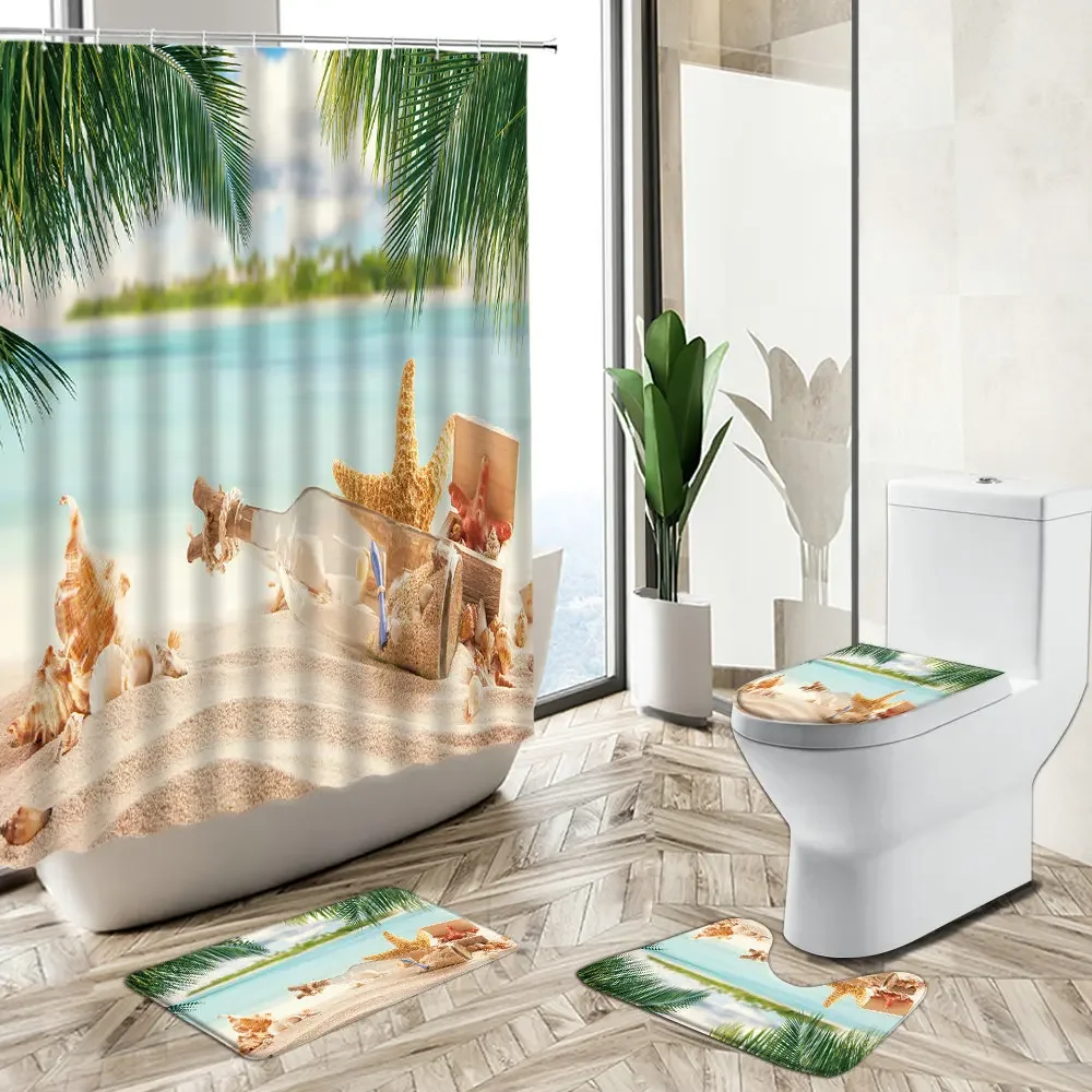 Ocean Tropical Green Plant Scenery Shower Curtain Palm Tung Tree Dolphin Summer Beach Scenery Rug Toilet Cover Bathroom Deco Set