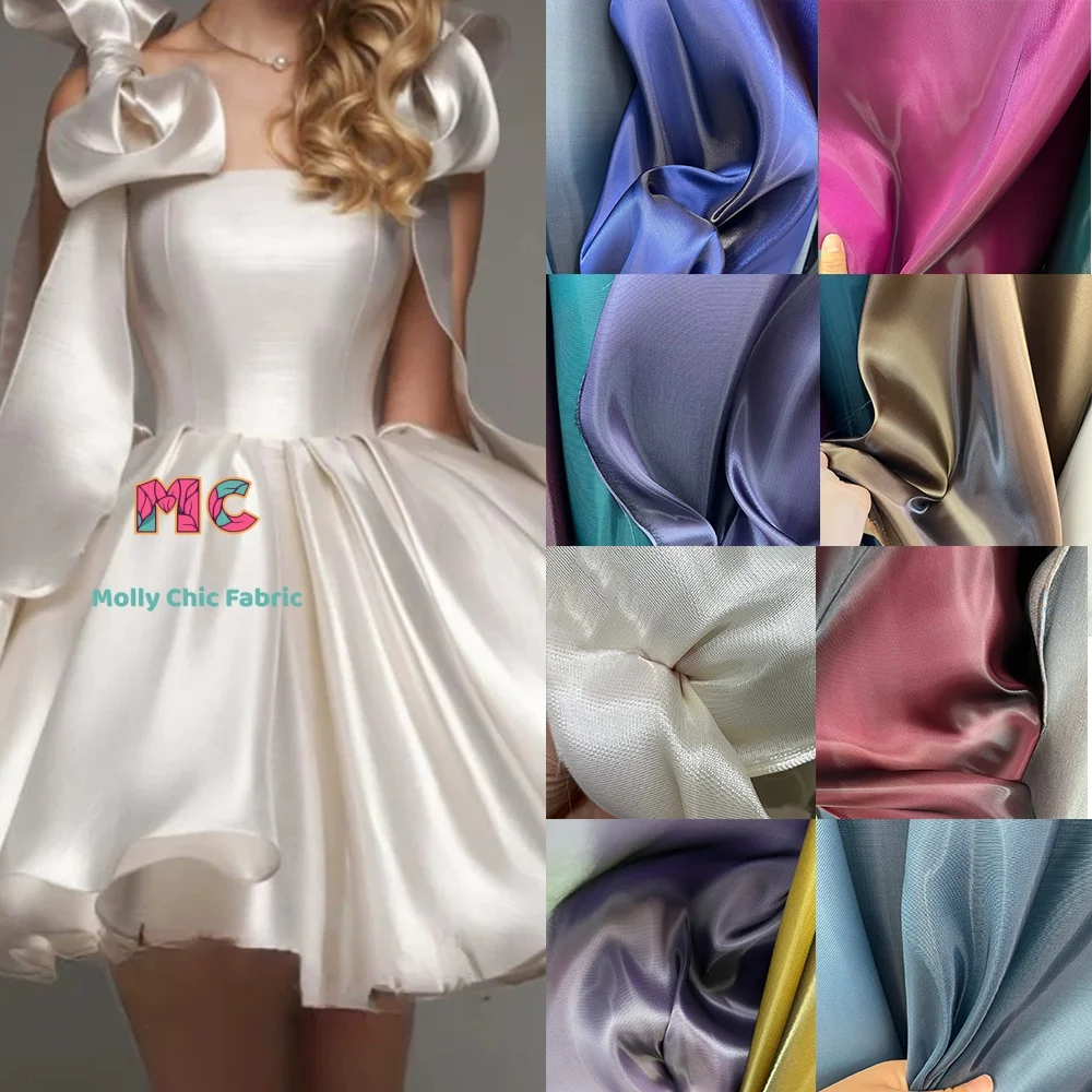 

Liquid water satin fabric reflective micro stiff sewing evening gown macaron solid color wedding dress fabrics for sewing