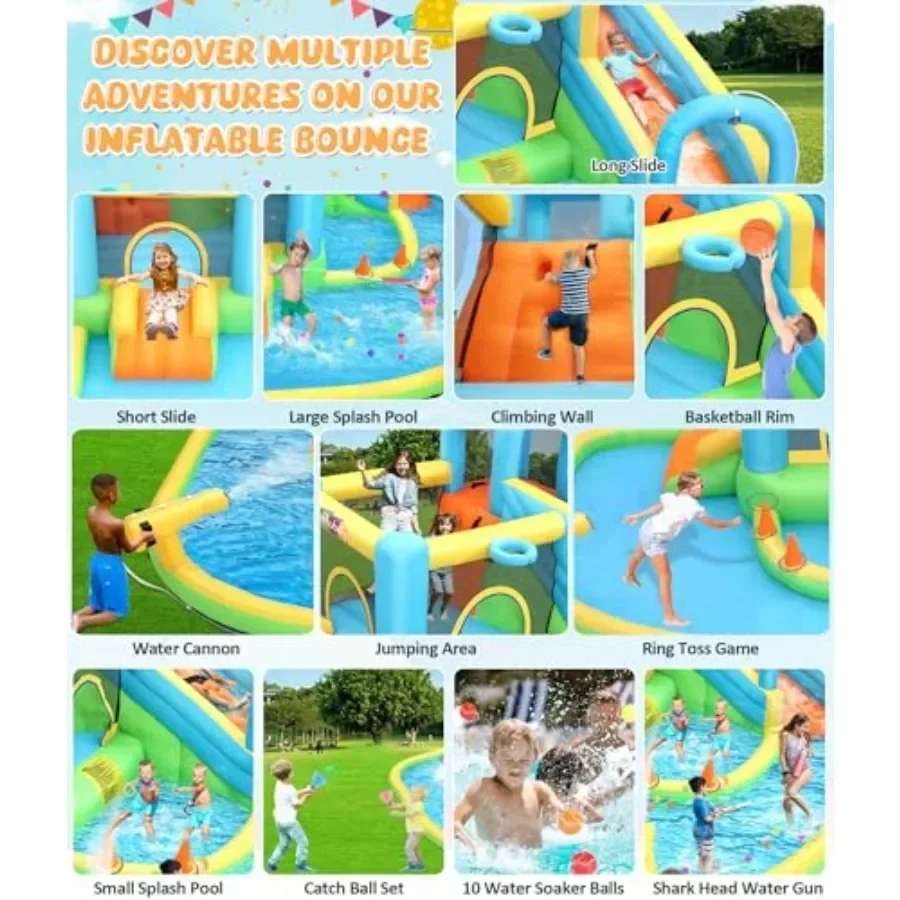 Bounce House Waterslide, 12.8x12FT 12-in-1 Bouncy Castle With Catch Ball Set, Toss Rings, Water Soaker Balls, Water Gun, Basket