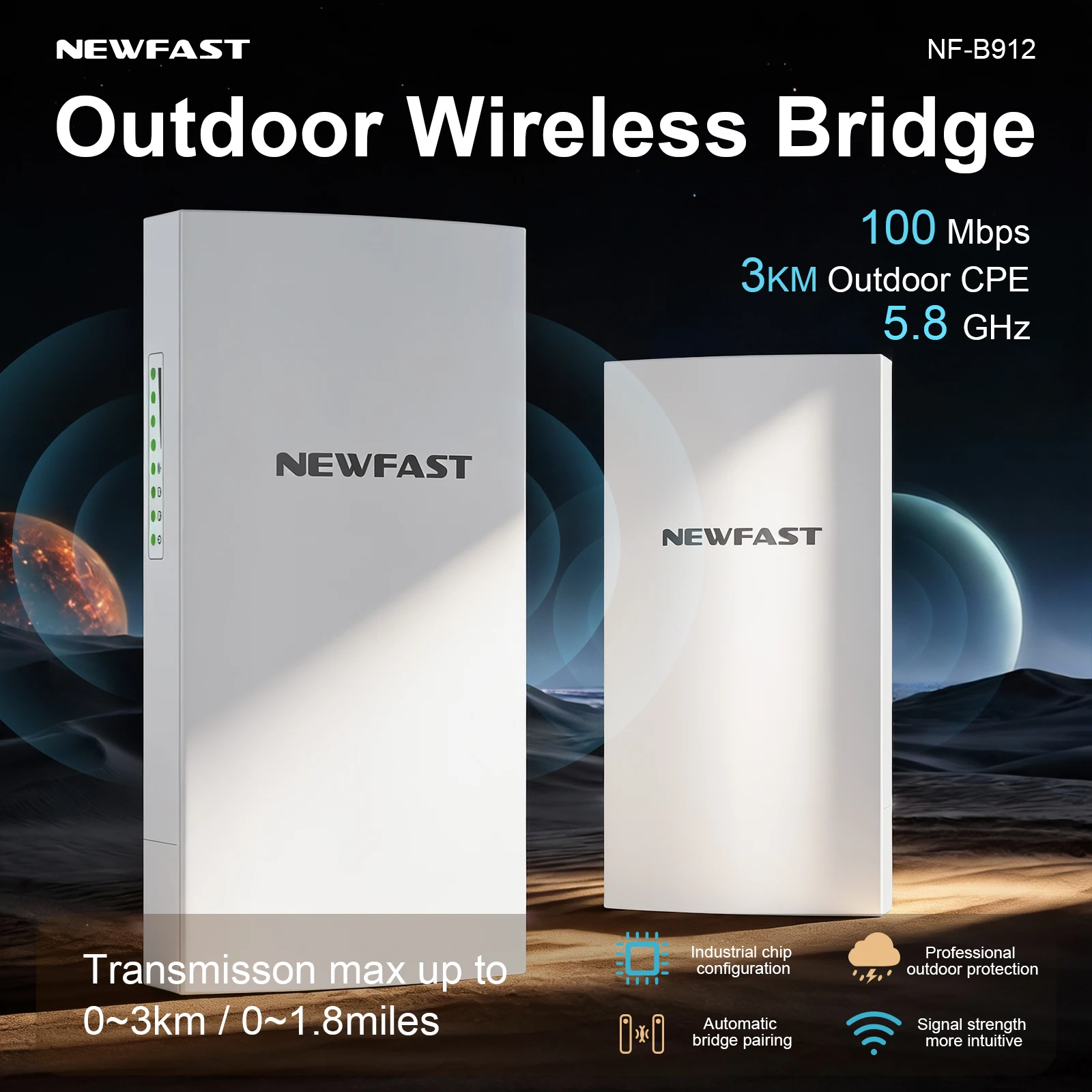 Newfast 2PCS 5.8GHz Wifi Bridge Outdoor CPE 3KM Long Range Wireless Repeater Extender Access Point AP WiFi Bridge Client Router