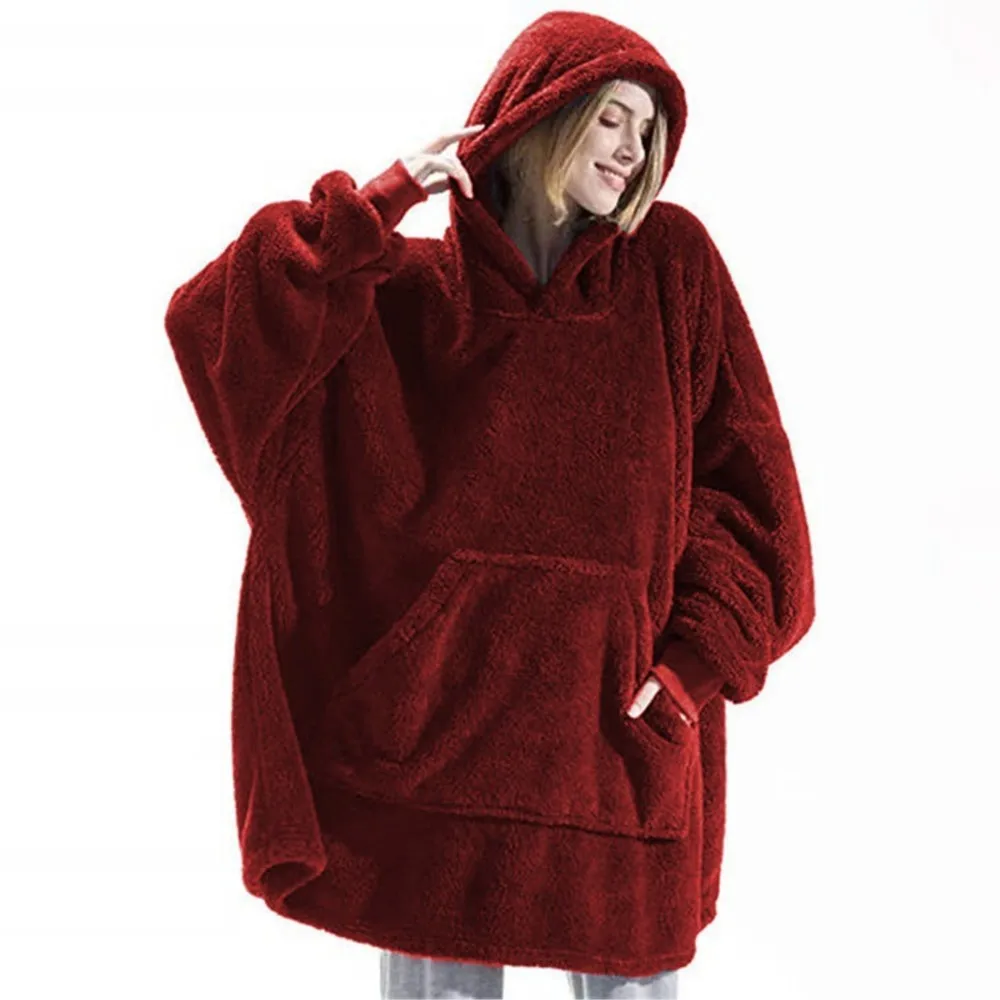 2024 Winter Women Double-faced Warm Hoodie Blanket Oversize Large Pocket Warm Couple Loose Sweatshirts Women and Men Robe